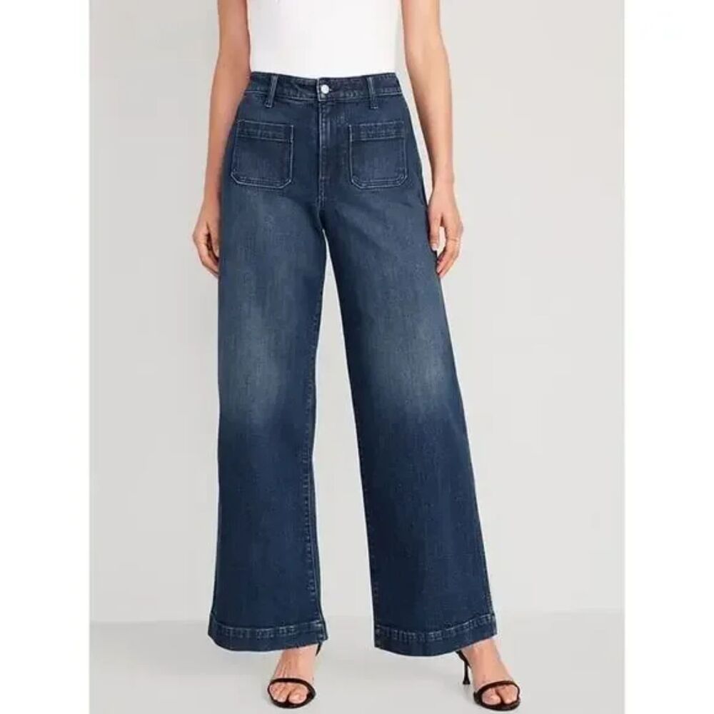 Old Navy Extra High-Waisted Straight Leg Patch Pocket Jeans Blue Denim 6 - Picture 1 of 13